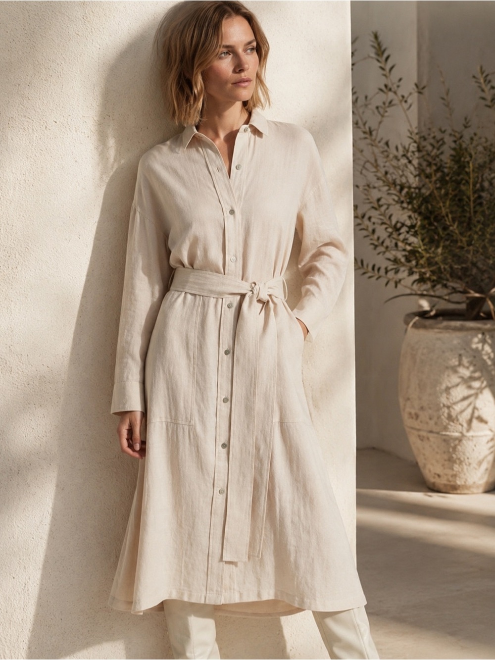 Vince Off White Italian Cotton Belted Midi Shirt Dress XS